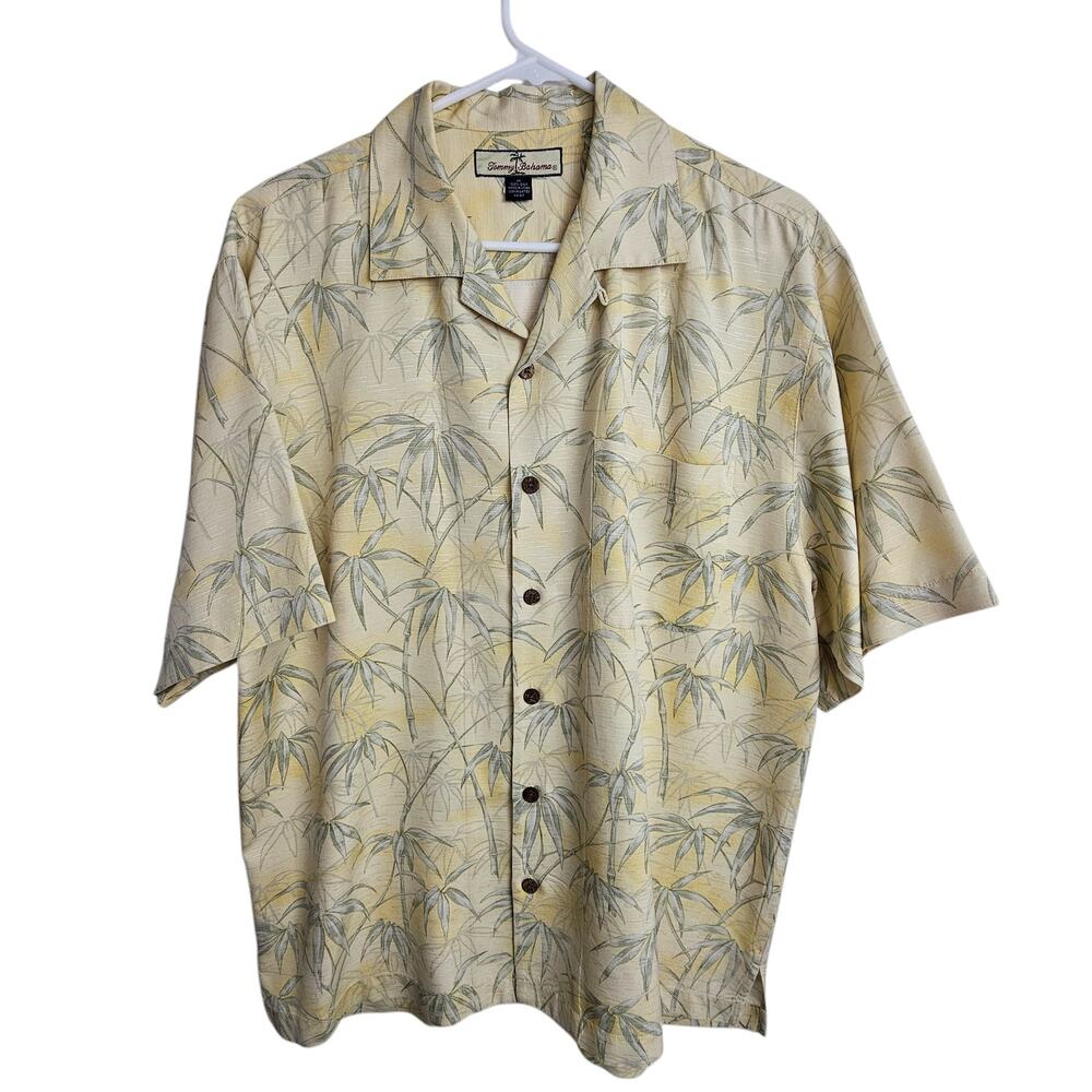 Tommy Bahama Mens Palm Tree Print Silk Hawaiian Shirt Size M Tropical Resortwear